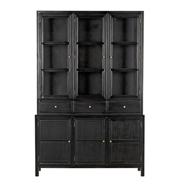 Colonial Hand Rubbed Black mahogany hutch with glass doors, three drawers, and lower cabinets.