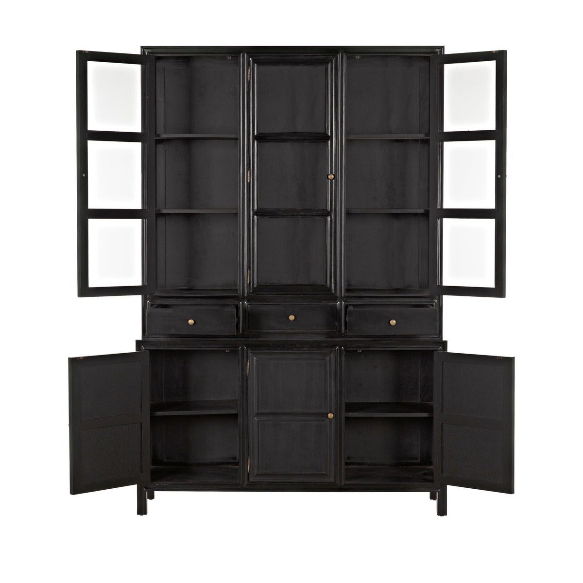 Colonial Hand Rubbed Black mahogany hutch with glass doors, three drawers, and open lower cabinets.