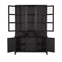 Colonial Hand Rubbed Black mahogany hutch with glass doors, three drawers, and open lower cabinets.