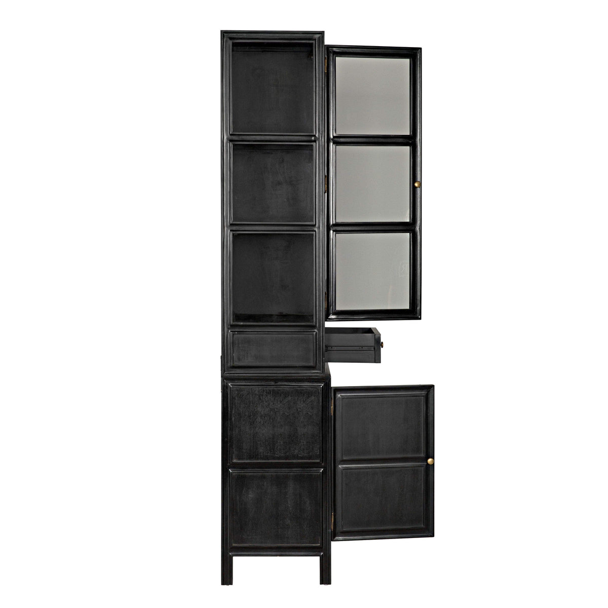 Colonial Hand Rubbed Black mahogany hutch with open doors, revealing cubbies and a drawer.