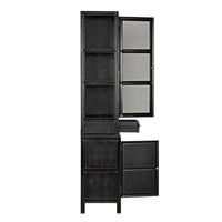 Colonial Hand Rubbed Black mahogany hutch with open doors, revealing cubbies and a drawer.