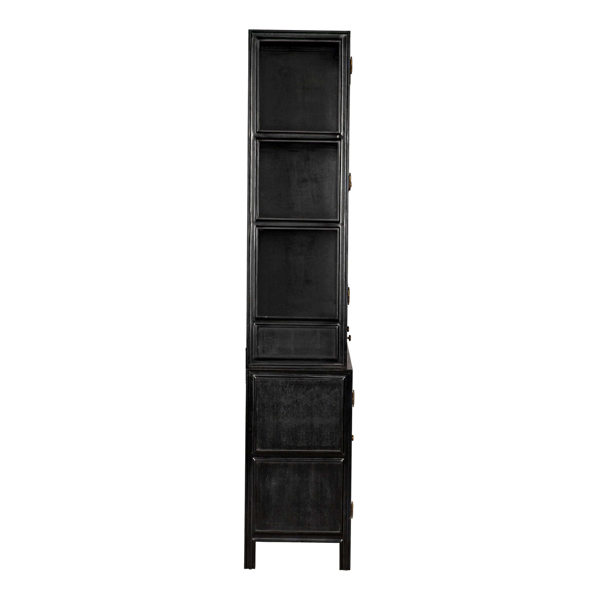 Side view of a tall, black, hand-rubbed mahogany Colonial hutch with simple lines and cubbies.