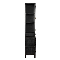 Side view of a tall, black, hand-rubbed mahogany Colonial hutch with simple lines and cubbies.