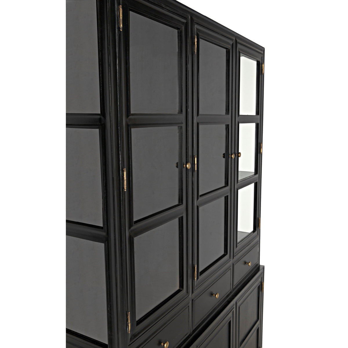 Colonial hand-rubbed black mahogany hutch with glass doors, brass hardware, and cubbies.