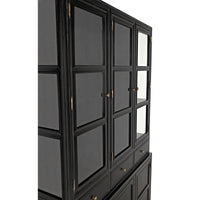 Colonial hand-rubbed black mahogany hutch with glass doors, brass hardware, and cubbies.