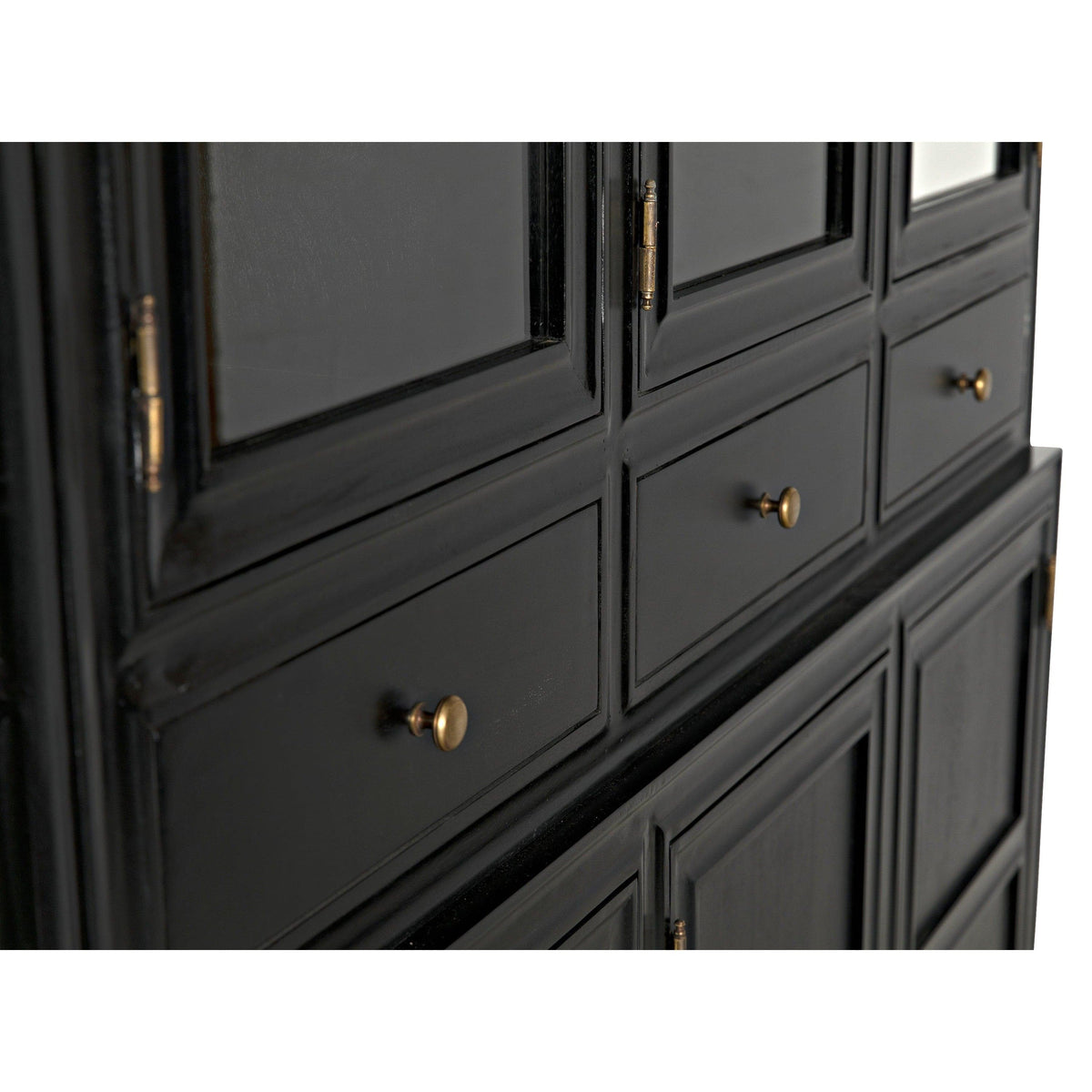 Colonial hand-rubbed black mahogany hutch with brass hardware, featuring multiple cubbies and drawers.