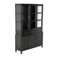 Colonial Hand Rubbed Black mahogany hutch with glass doors, cubbies, and drawers.