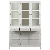 Colonial whitewashed solid mahogany hutch with glass doors, three open drawers, and three cabinet doors.