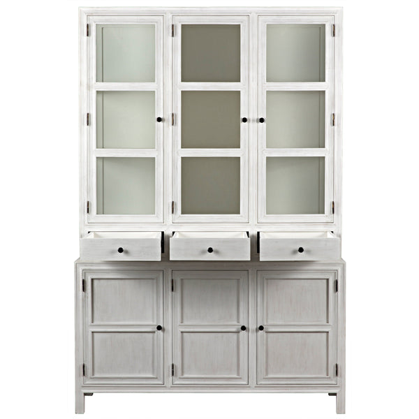 Colonial whitewashed solid mahogany hutch with glass doors, three open drawers, and three cabinet doors.