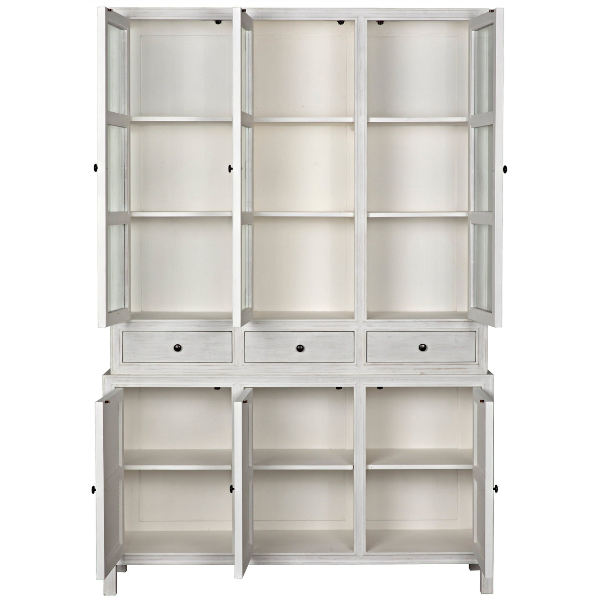 Whitewashed solid mahogany colonial hutch with glass doors, three drawers, and open cubbies.