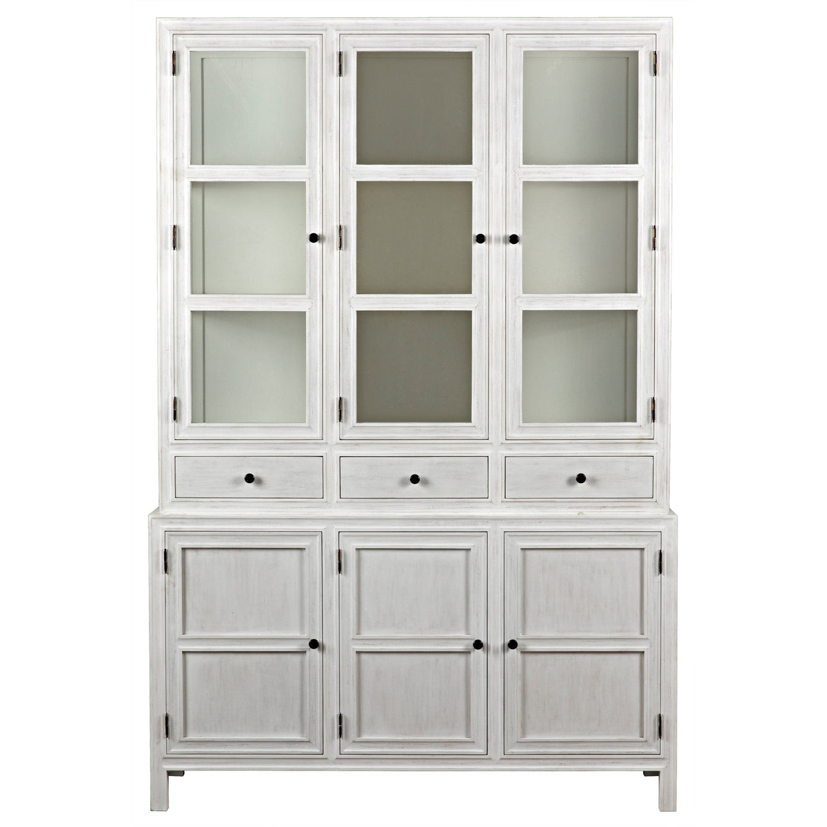 Colonial whitewashed solid mahogany hutch with glass doors, three drawers, and three lower cabinet doors.