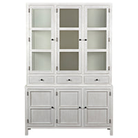 Colonial whitewashed solid mahogany hutch with glass doors, three drawers, and three lower cabinet doors.