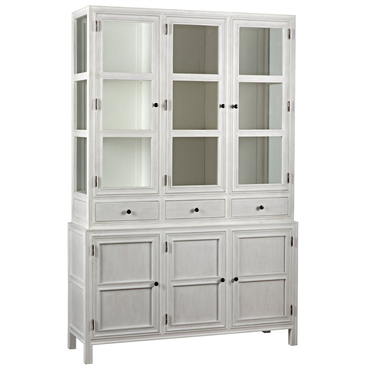 Colonial whitewashed solid mahogany hutch with glass doors, three drawers, and bottom cabinets.