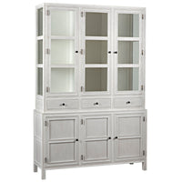 Colonial whitewashed solid mahogany hutch with glass doors, three drawers, and bottom cabinets.