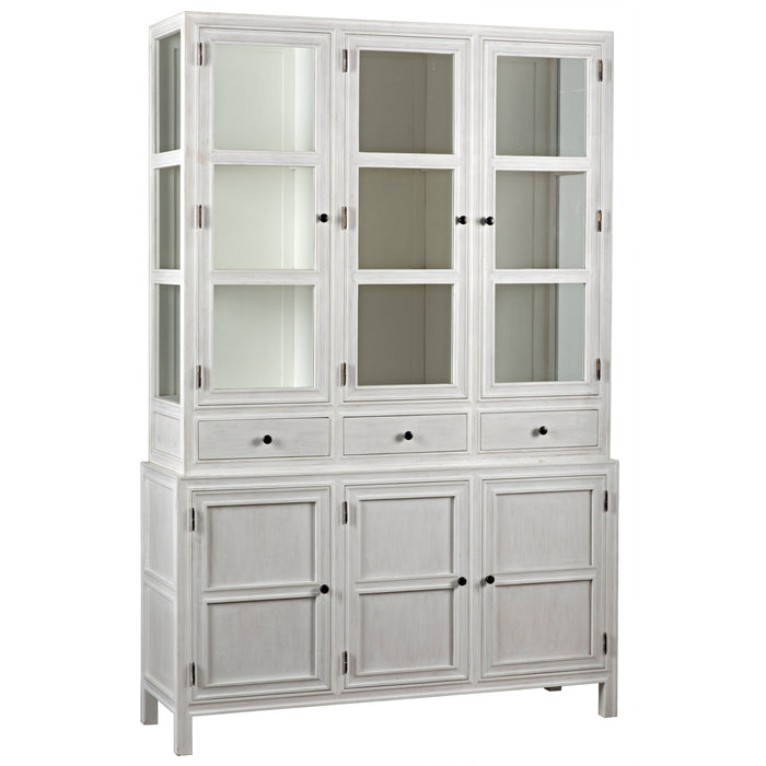 Colonial whitewashed solid mahogany hutch with glass doors, three drawers, and bottom cabinets.