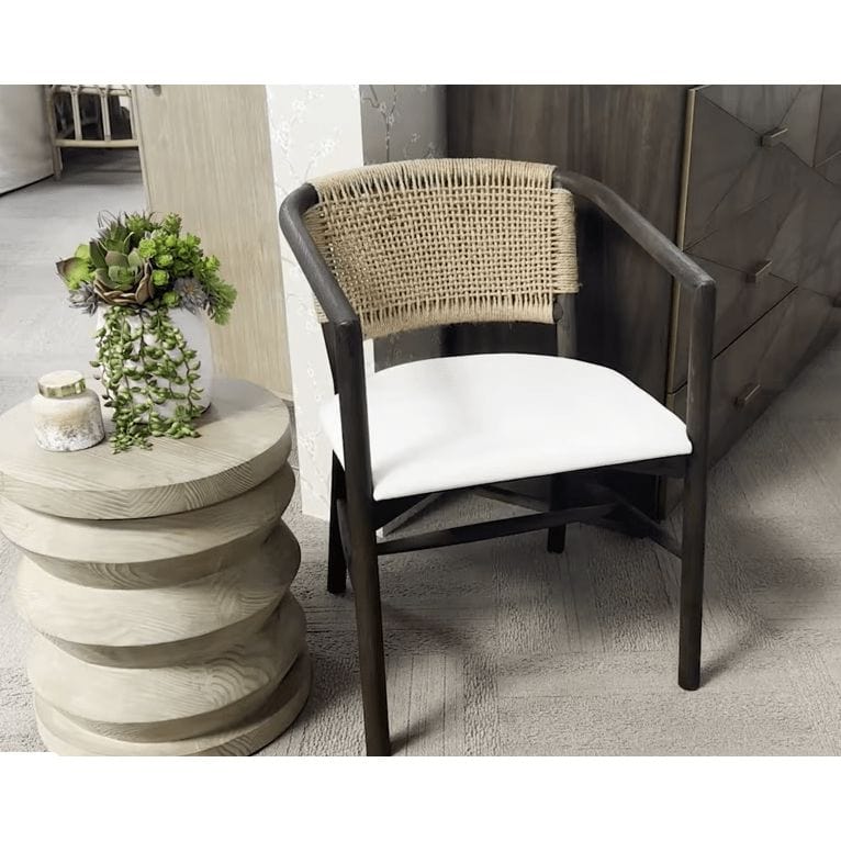 Concord Brown Oak & Jute Accent Chair with white fabric seat and handwoven jute backrest.