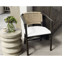 Concord Brown Oak & Jute Accent Chair with white fabric seat and handwoven jute backrest.
