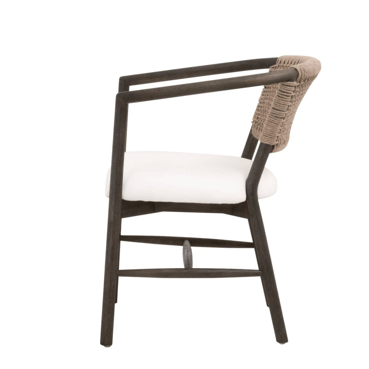 Concord Brown Oak & Jute Accent Chair with matte brown oak frame, white seat, and woven jute backrest.