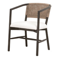 Concord Brown Oak & Jute Accent Chair with matte brown oak frame, white fabric seat, and woven jute backrest.