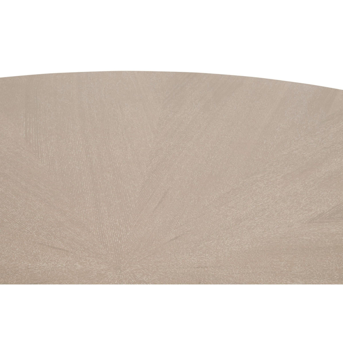 Close-up of a 42" round Connor dining table in grey ash wood with a radial grain pattern.
