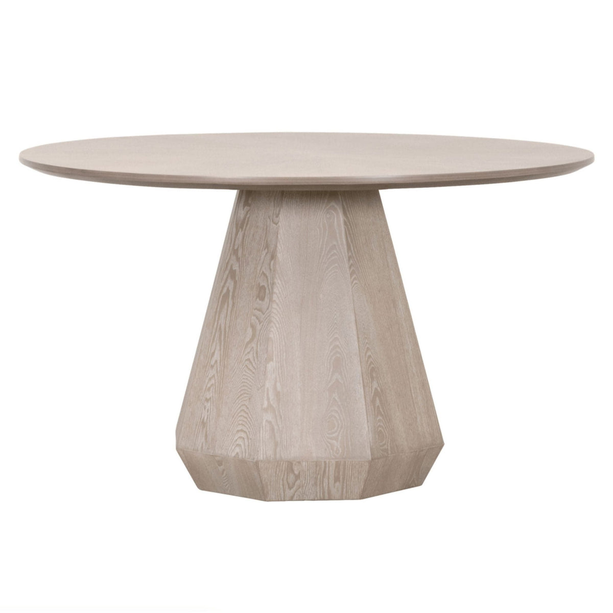 Connor 54" round dining table in natural gray ash with a subtle starburst tabletop and octagon pedestal base.