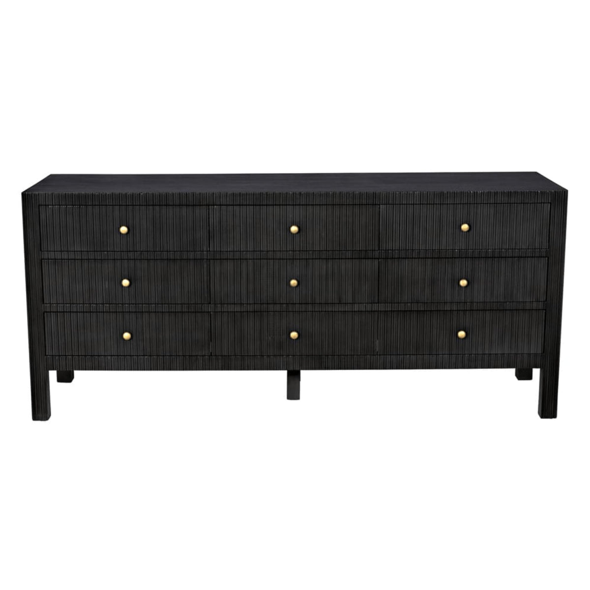 Black solid mahogany 9-drawer dresser with ribbed texture and brass knobs.