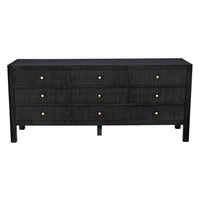 Black solid mahogany 9-drawer dresser with ribbed texture and brass knobs.