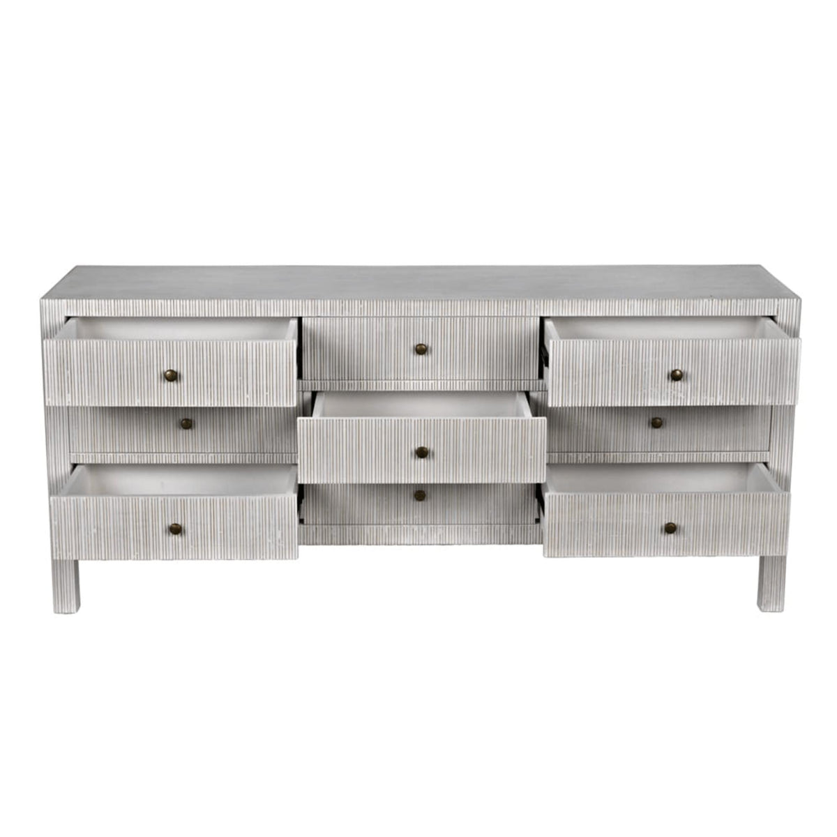Light gray Conrad 9-drawer mahogany dresser with textured finish and brass knobs, several drawers open.