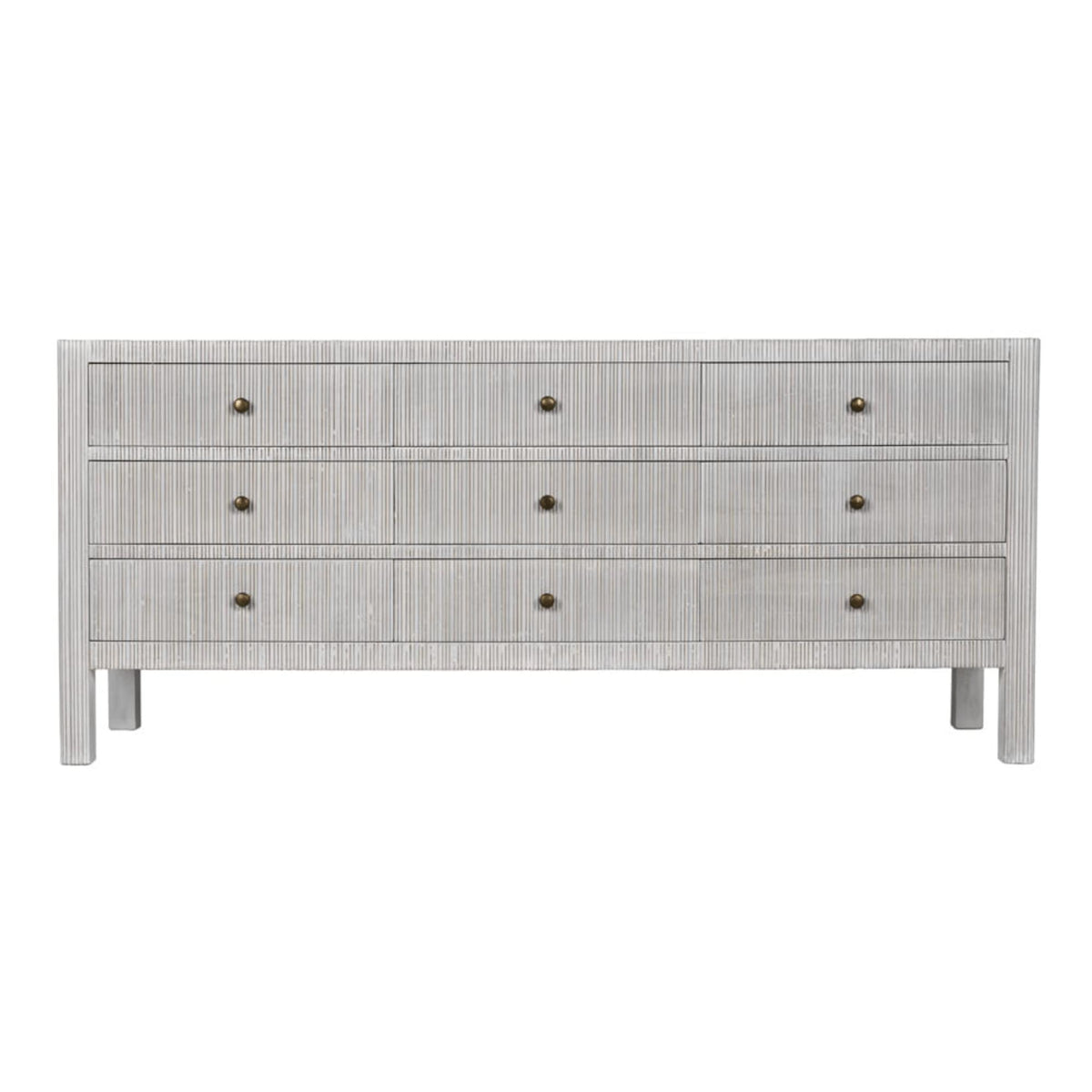 Light gray solid mahogany 9-drawer dresser with vertical reeding and brass knobs.