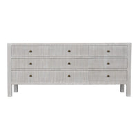 Light gray solid mahogany 9-drawer dresser with vertical reeding and brass knobs.
