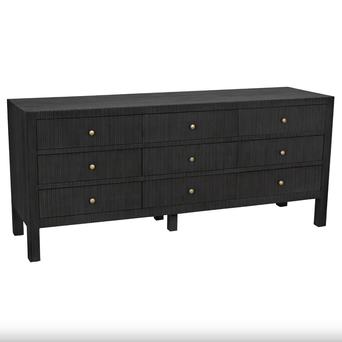 Dark mahogany Conrad 9-drawer dresser with textured front panels and brass knobs.