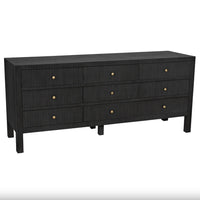 Dark mahogany Conrad 9-drawer dresser with textured front panels and brass knobs.