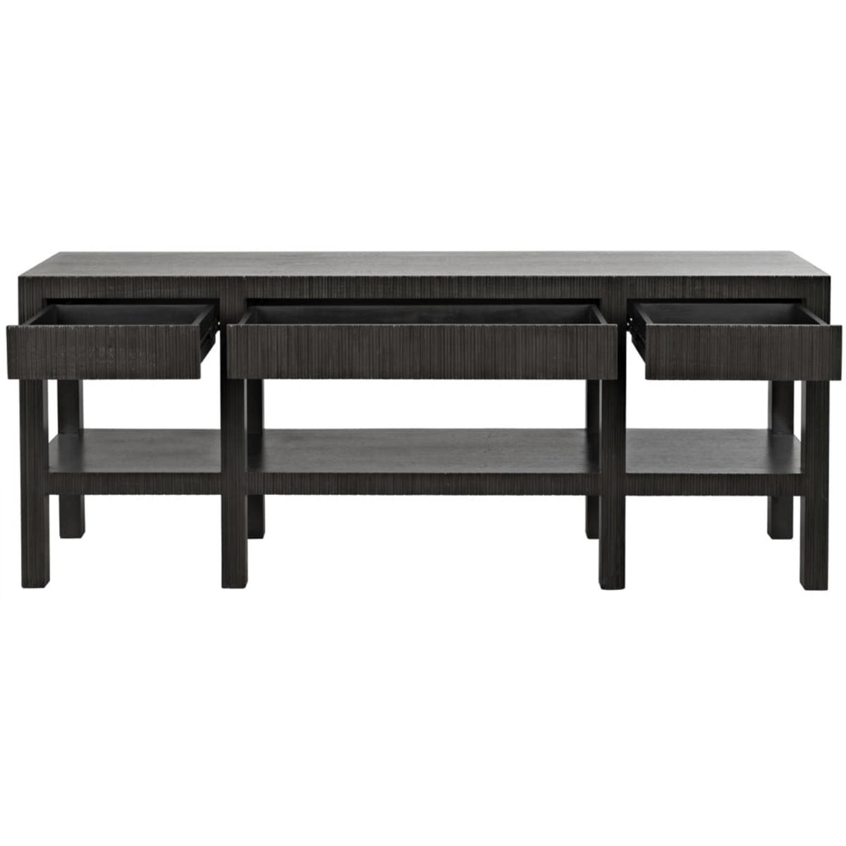 Pale black solid mahogany console table with three open drawers and a lower shelf.