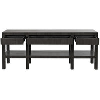 Pale black solid mahogany console table with three open drawers and a lower shelf.