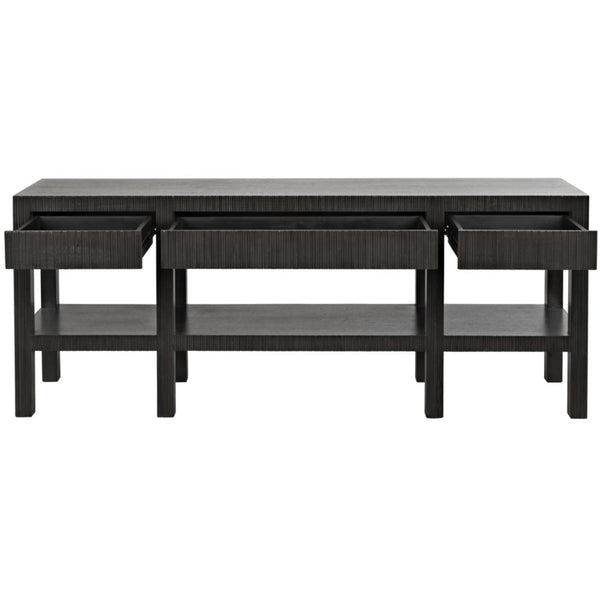 Pale black solid mahogany console table with three open drawers and a lower shelf.