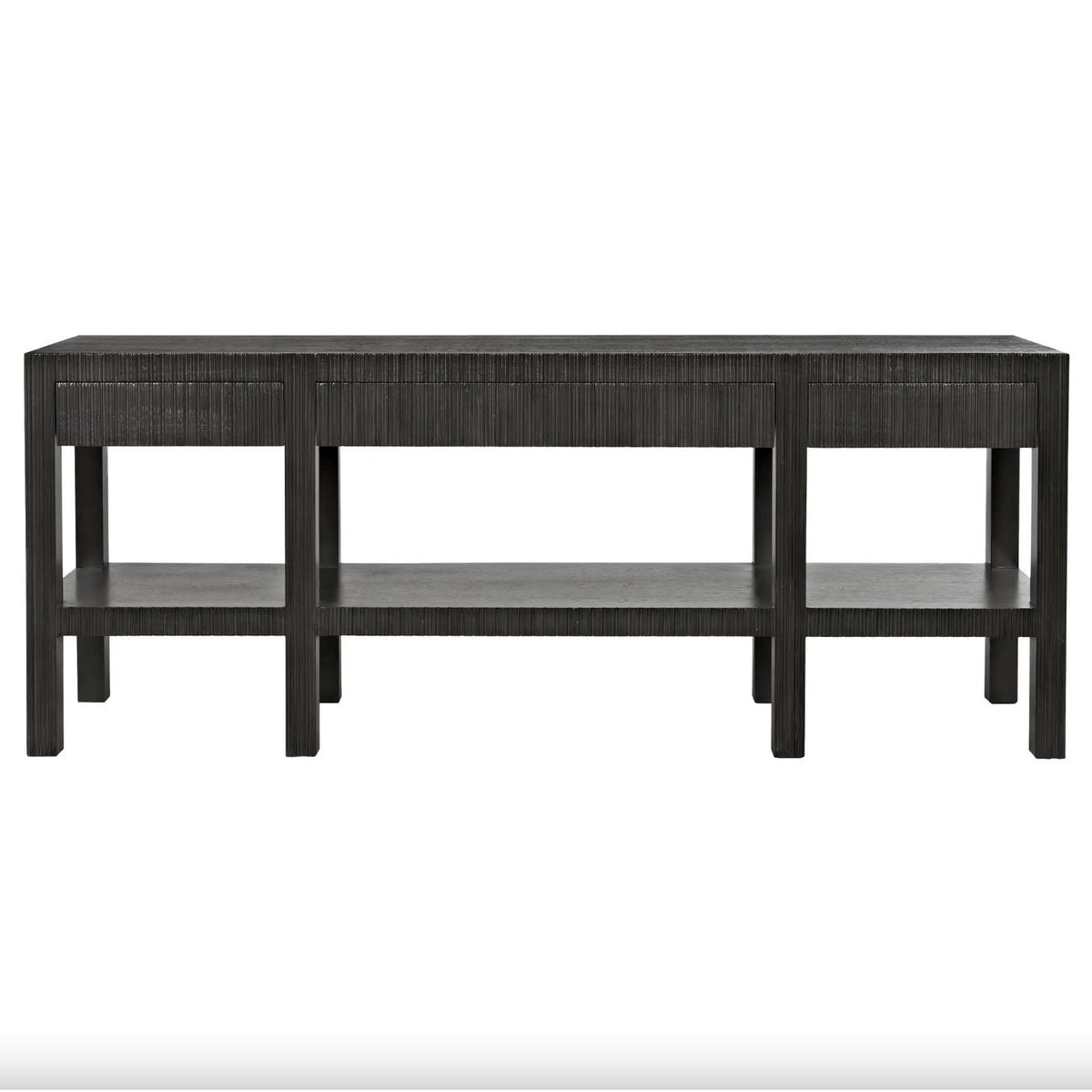Conrad pale black solid mahogany console table with clean lines, textured surface, and lower shelf.