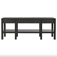 Conrad pale black solid mahogany console table with clean lines, textured surface, and lower shelf.