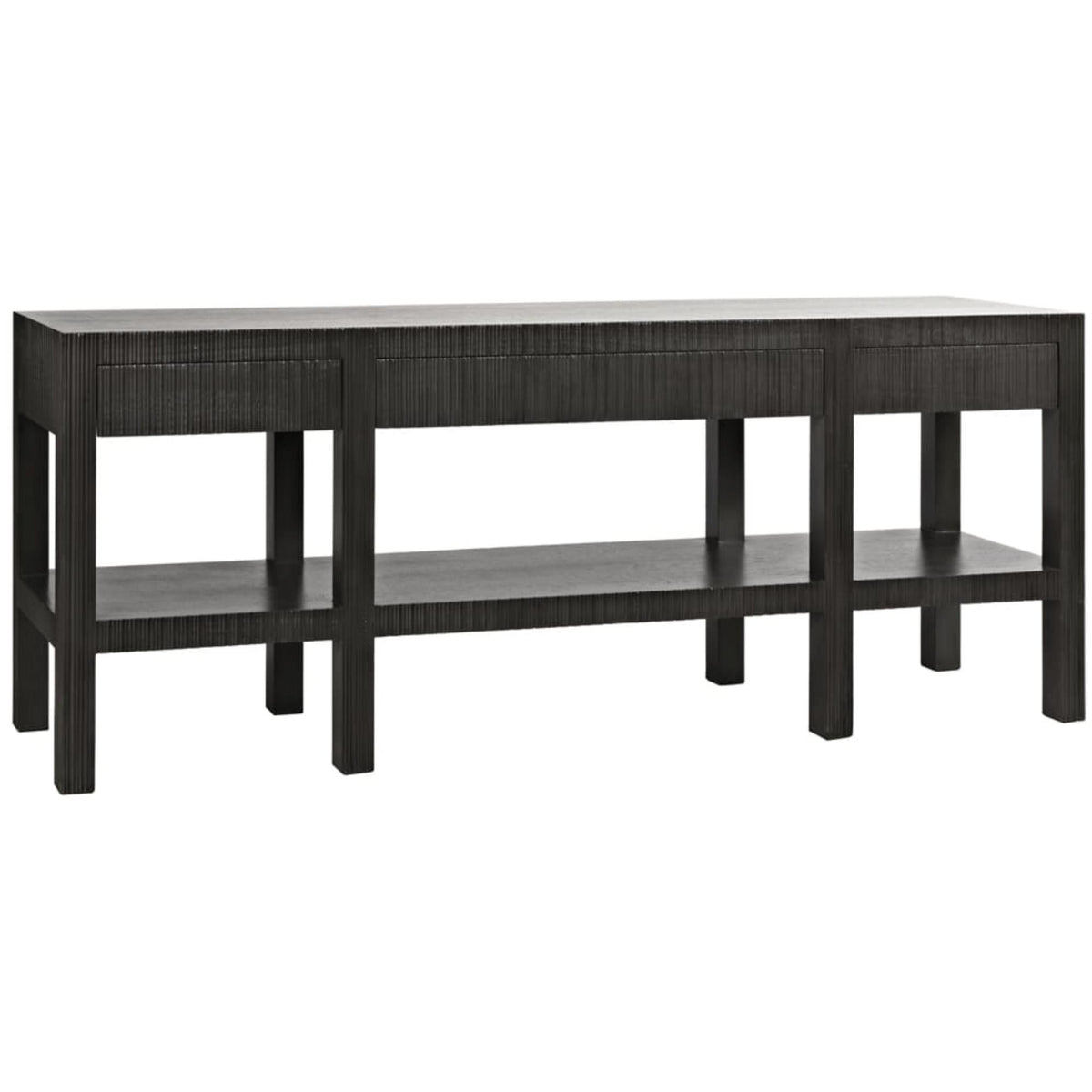 Conrad pale black solid mahogany console table with clean lines, textured drawers, and lower shelf.