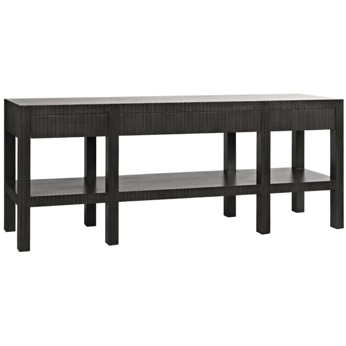 Conrad pale black solid mahogany console table with clean lines, textured drawers, and lower shelf.