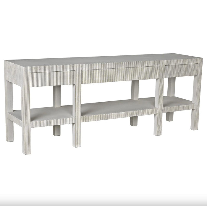 Conrad white wash solid mahogany console table with clean lines, two drawers, and a lower shelf.