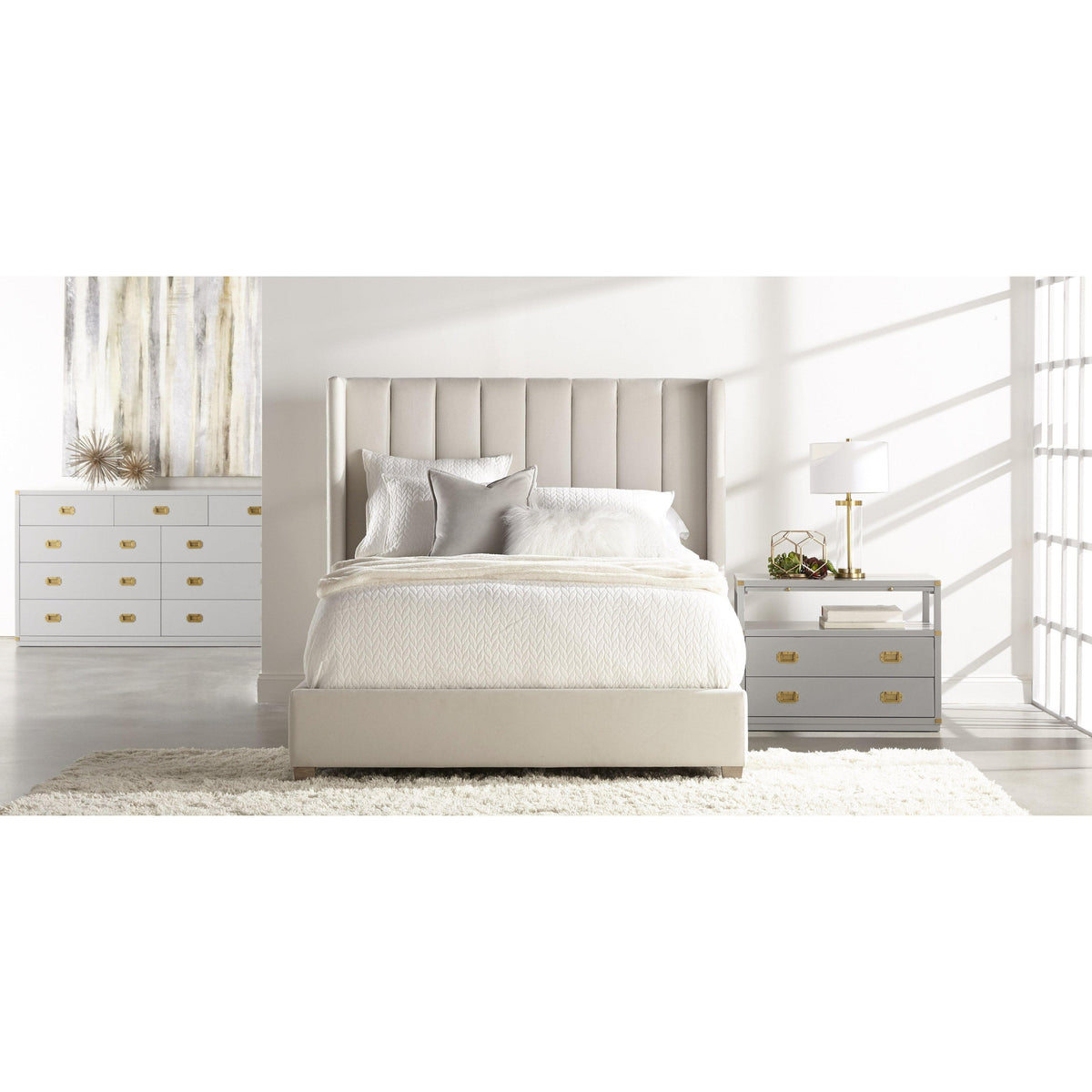 Conrad Cream Velvet Upholstered Bed - Bed Side View | Bone & Brass