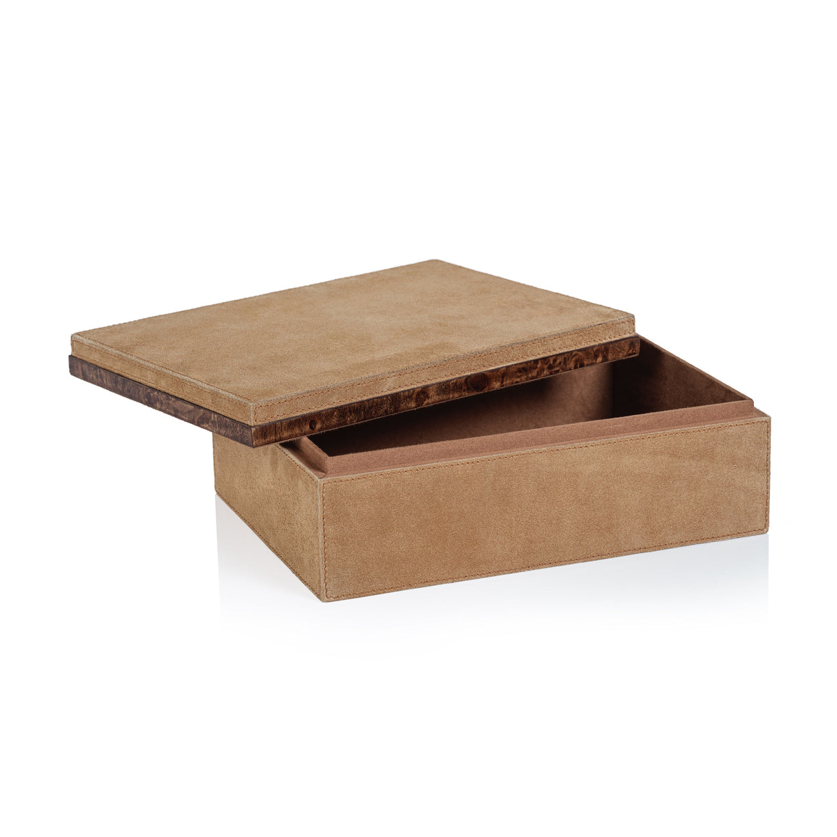 Cortina Suede Decorative Box, Burlwood Trim, Large - Box Interior View | Bone & Brass