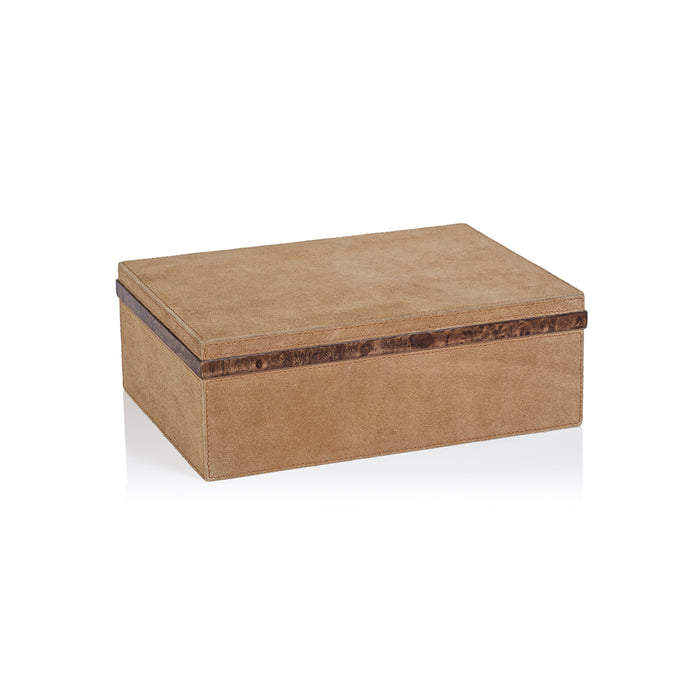 Cortina Suede Decorative Box, Burlwood Trim, Large | Bone & Brass
