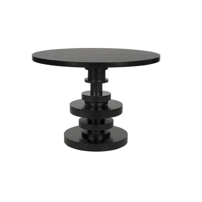 Corum round mahogany dining table with hand-rubbed black finish and stacked pedestal base.