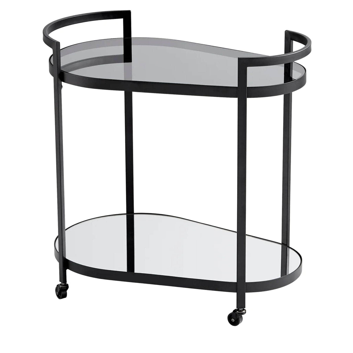 Black metal bar cart with two oval tempered glass shelves and wheels.
