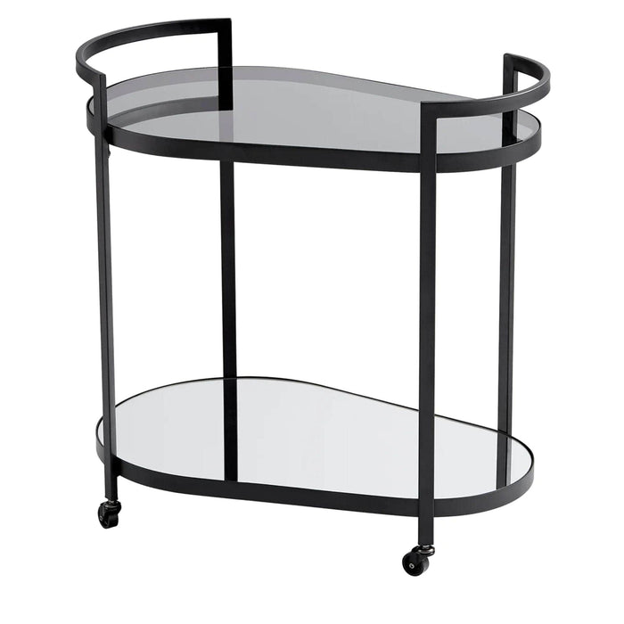 Black metal bar cart with two oval tempered glass shelves and wheels.