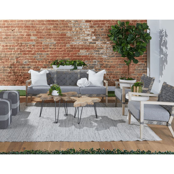 Costa Dove Gray Rope Outdoor Sofa with solid teak frame, polyolefin weave, and light gray cushions.
