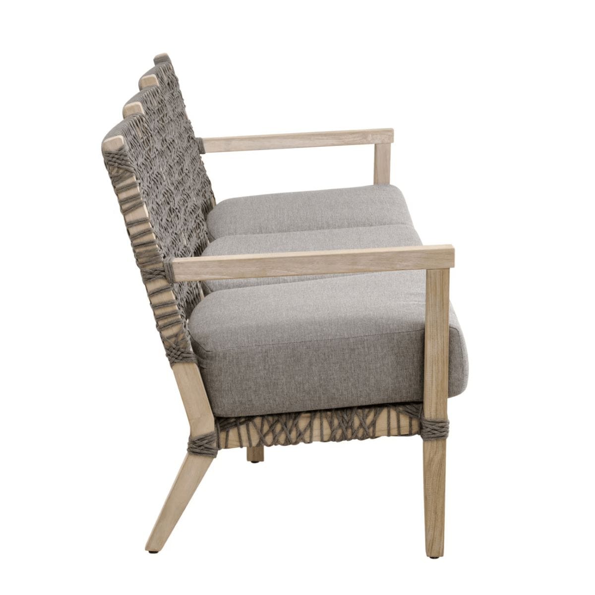 Costa Dove Gray 77" outdoor sofa with solid teak frame, polyolefin rope weave, and gray cushions.