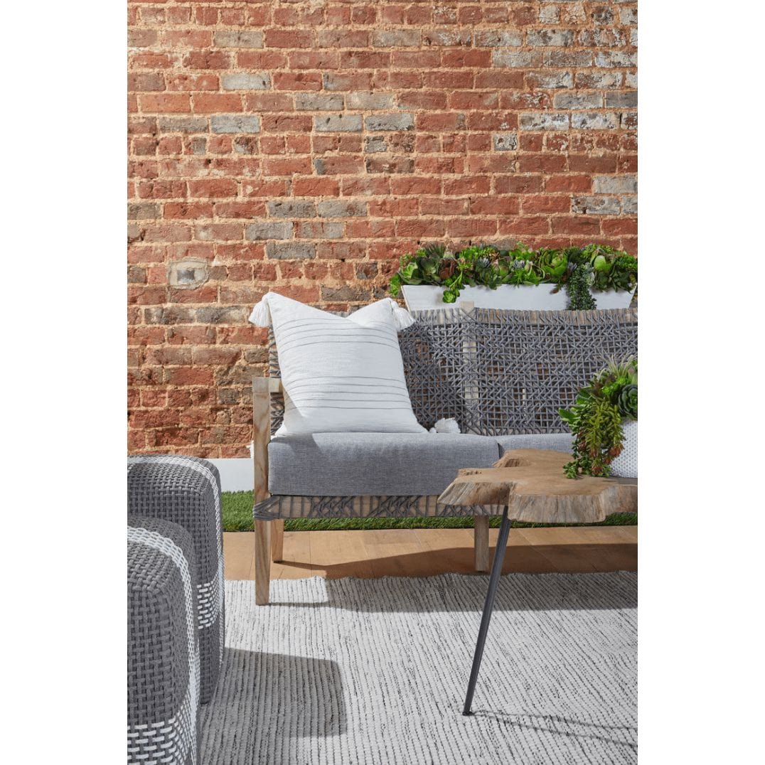 Costa Dove Gray Rope Outdoor 77" Sofa with solid teak frame, polyolefin rope weave, and gray cushions.