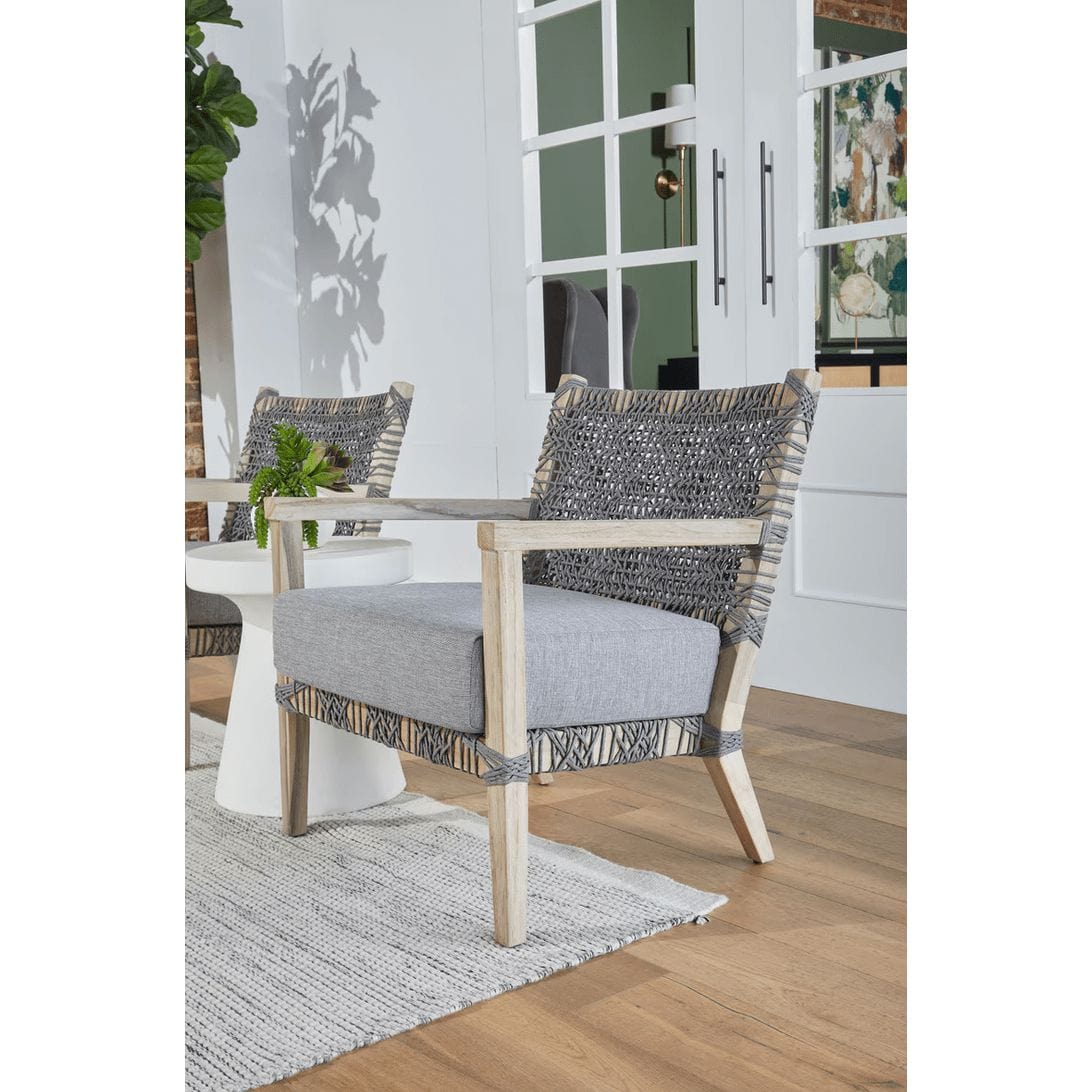 Costa Dove Gray Rope Outdoor Club Chair with solid teak frame and light gray cushion.